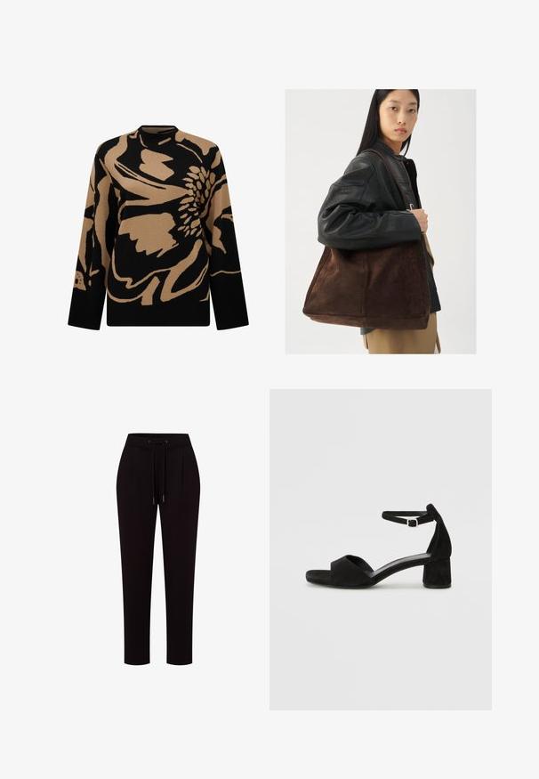 Gebreide trui met een groot zwart en tan bloemmotief, voorzien van een ronde hals en lange mouwen. Het materiaal lijkt zacht en gestructureerd te zijn.; Zwarte, lichtgewicht broeken met een elastische tailleband, trekkoordsluiting en twee frontplooien. Op maat gemaakte, taps toelopende pasvorm.; Zwarte suede hakken met een dunne enkelband, open teen ontwerp en een bescheiden blokhak. Zachte textuur en minimale accenten.; Bruine suède tote bag met een brede vorm en zachte textuur, voorzien van een enkele schouderband en minimale hardware tegen een neutrale achtergrond.