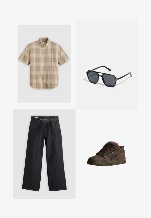 Bežna pulover iz mehke, strukturirane pletenine. Ima okroglo ovratnik, rebraste manšete in skrajšan rob z spuščenimi ramenimi šivi.; Kratega srajca s kratkimi rokavi v bež, rjavi in svetlo modri barvi, izdelana iz tkane bombažne tkanine, z ovratnikom na gumb in gumbi na sprednji strani.; Temne jeans hlače širokega kroja z pasom na zadrgo, ki imajo sprednje žepe in kontrastno šivanje. Gladka struktura z brezhibnim dizajnom.; Rjave športne čevlje, izdelane iz gladkega sintetičnega materiala. Imajo debele vezalke, mrežaste dodatke, podložen ovratnik in strukturo gumijastega podplata.; Črne sončne naočniki z oktagonalnim okvirjem, temnimi lečami, sijočo površino, tankimi nogicami in zlatimi detajli spredaj.