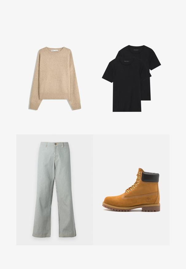 Pulover bej din tricot moale, texturat. Prezintă un decolteu rotund, manșete cu nervuri și un tiv scurt, cu umeri căzuți.; Două tricouri negre din bumbac cu mâneci scurte, cu guler rotund și o textură netedă, expuse suprapuse.; Pantaloni largi cu dungi albastre și albe, având închidere cu nasture, bucle pentru curea, cu cusături vizibile și o croială lejeră.; Cizmă de gleznă din întoarsă de culoare bej, cu guler negru căptușit, ochiuri din metal auriu, detalii de cusătură albă și talpă din cauciuc robustă, cu un model pronunțat.