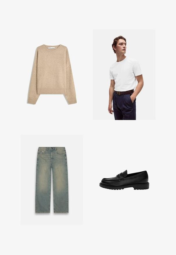 Beige cardigan lavet af blødt, tekstureret strik. Har en rund halsudskæring, ribbekantede manchetter og en cropped søm med sænkede skuldre.; Hvid bomulds T-shirt med rund halsudskæring, båret med marineblå plisserede bukser og et brunt læderbælte med en guldbuckle.; Lysblå denimjeans med løs pasform, lige ben, fem lommer og en klassisk knaplukning. Falmet finish og diskret whisker-detaljering.; Sorte læder loafers med rund tå, der har et design med to striber, tekstureret syning og en kraftig gummisål.