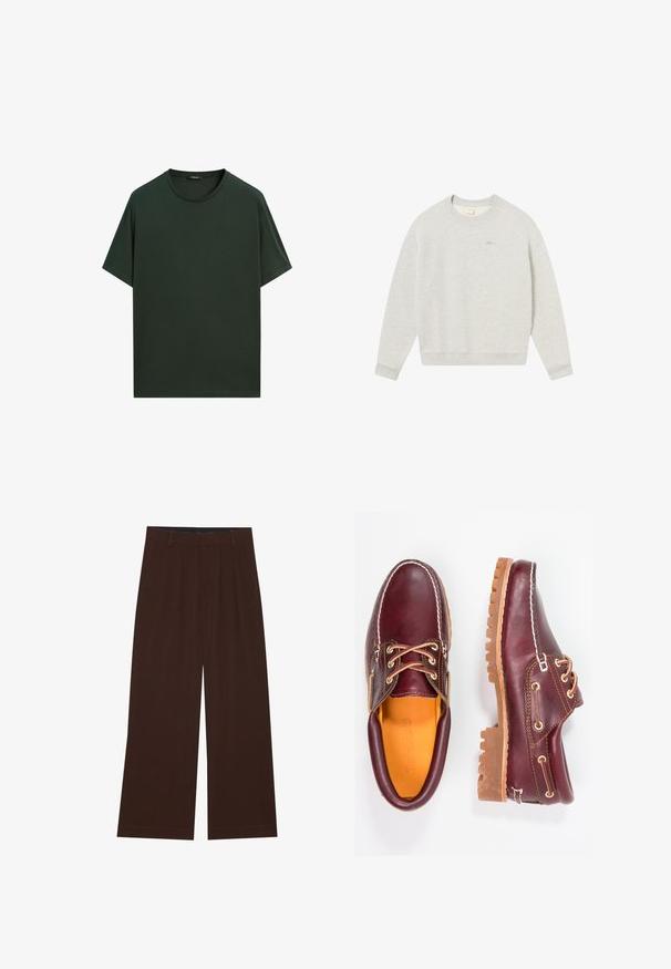 Ljusgrå sweatshirt gjord av mjukt tyg, med rund halsringning, ribbade ärmslut och en liten broderad logga i guld på bröstet.; Mörkgrön bomull t-shirt med ribbad rundhalsning, korta ärmar och en avslappnad passform. Slät textur utan synliga dekorationer.; Bruna vida byxor med veck. Tillverkade av ett mjukt tyg, med skräddarsydd midja och sidofickor. Slät fåll längst ner.; Burgundy läderskor med bruna gummisulor, rund tå, vit söm och gyllene öljetter. Inredningen har en gul foder.
