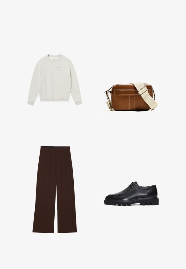 Jasnoszary sweatshirt wykonany z miękkiego materiału, z okrągłym dekoltem, ściągaczami przy rękawach oraz małym, haftowanym logo w złotym kolorze na piersi.; Brązowe spodnie szerokie z plisami. Wykonane z gładkiego materiału, z dopasowanym pasem i kieszeniami bocznymi. Prosty zakład na dole.; Czarne skórzane buty z zaokrąglonym noskiem, przeszyciami oraz grubą, wytrzymałą podeszwą z wyraźnymi rowkami. Prosty, sznurowany fason.; Brązowa skórzana torba na ramię z białym przeszyciem, prostokątny kształt, zamek błyskawiczny oraz beżowy regulowany pasek. Posiada dwie przednie kieszenie.