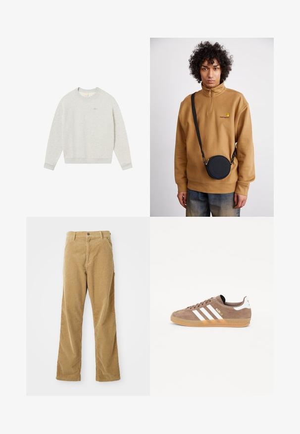Hanorac gri deschis, realizat dintr-o țesătură moale, având un gât rotund, manșete ribbate și un mic logo brodat în aur pe piept.; Pantaloni din corduroy maro deschis, cu buzunare frontale, bucle pentru curea, închidere cu buton și croială dreaptă, așezați pe un fundal alb.; Pantofi sport din suede maro cu trei dungi albe, logo-ul auriu "Gazelle" și talpă din cauciuc de tip gum. Dispune de limbă și toc căptușite pentru confort.; Sweatshirt din fleece cu fermoar pe jumătate, de culoare maronie, cu logo brodat, purtat cu o geantă crossbody rotundă, neagră, cu fermoar și detalii cu logo, peste blugi.