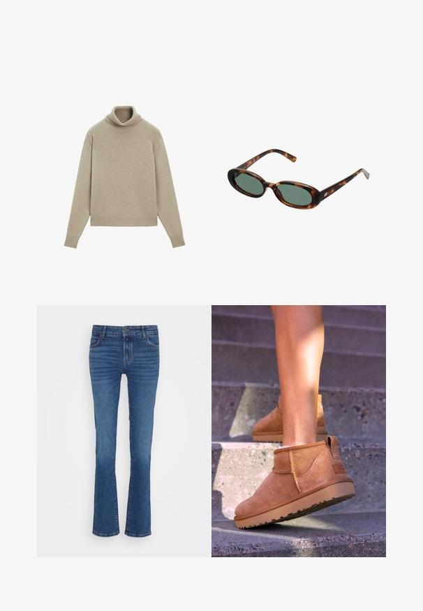 Beige polotröja gjord av mjukt material, med ribbad krage och avslut, avslappnad passform och långa ärmar. Slät textur, minimalistisk design.; Blå denimjeans med rak bendesign, som har ljus blekning, femfickslayout och en metallknappsstängning vid midjan.; Tan mockasiner med en mjuk textur, sömnadsdetaljer och en gummisula, med en öglad häl för enkel påtagning.; Sköldpaddsmönstrade solglasögon med ovala bågar och gröna linser. Har tunna skalmar med en metallisk detalj vid gångjärnen.