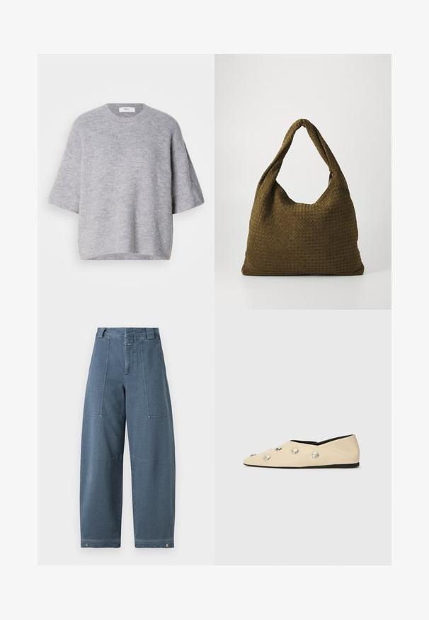 Lichtgrijze korte mouwen wolmix trui met een ronde hals en geribbelde onderkant, weergegeven op een witte achtergrond.; Denim wijde broek in een lichtblauwe tint, met een gestructureerd oppervlak, twee voorzakken en duurzame stiksels aan de zoom.; CLOSED Ballerina's - ecru; Geweven stoffen handtas in olijfgroen met een ruime, ronde vorm en een enkele, lange handgreep om te dragen. Gestructureerd oppervlak.