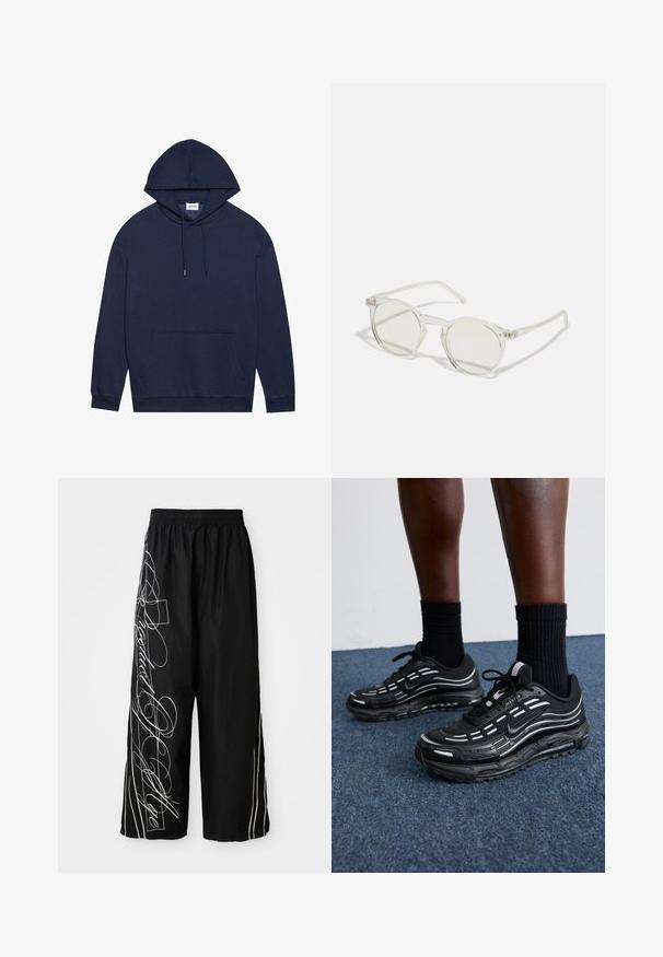 Sweatshirt azul-marinho feito de algodão, com um bolso frontal, capuz ajustável com cordão, punhos canelados e um design liso.; Calças largas, de perna larga e cropped, feitas de tecido leve. Apresentam desenhos e acabamentos em branco bordados que descem pelos lados. Cintura elástica.; Os sapatos pretos da Nike apresentam um upper em malha com riscas de destaque, atacadores texturizados e uma sola de borracha preta. Usados com meias pretas caneladas.; Óculos de sol redondos com uma armação transparente, lentes verde-claro e hastes finas e transparentes. Apresenta subtis detalhes em metal na armação.