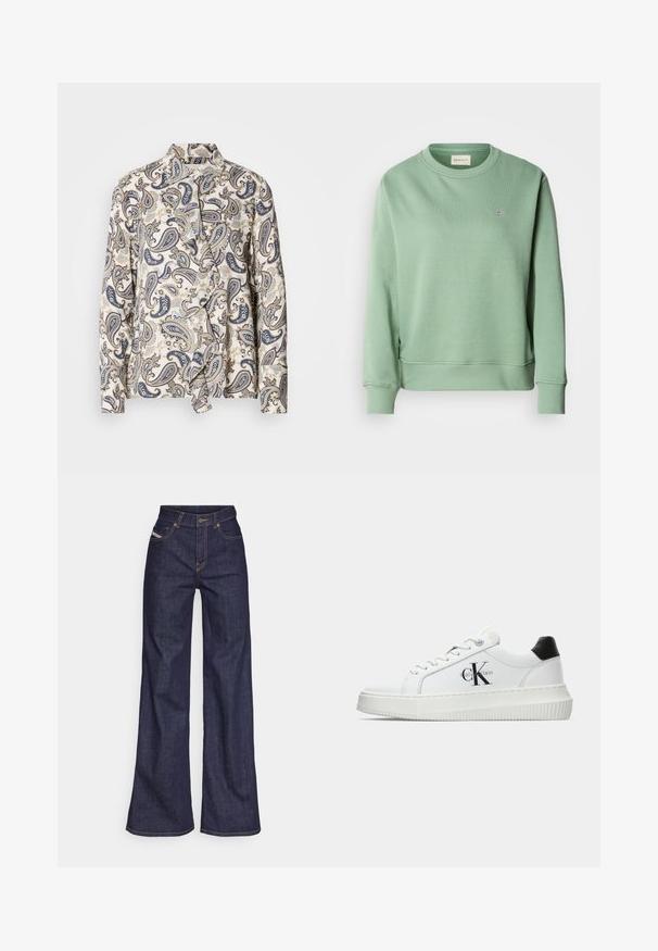 Felpa verde menta con colletto a girocollo, maniche lunghe, polsini e orlo a coste. Presenta un piccolo logo ricamato sul petto.; Blusa a fantasia con motivo paisley in navy, beige e azzurro chiaro, realizzata in tessuto leggero con chiusura a bottoni nascosta e colletto.; Jeans a gamba larga di denim blu scuro con vita alta, caratterizzati da cuciture arancioni, design a cinque tasche e chiusura con bottone.; Sneaker bassa bianca con tassello nero sul tallone, suola a piattaforma, lacci e logo "CK" di Calvin Klein sul lato.