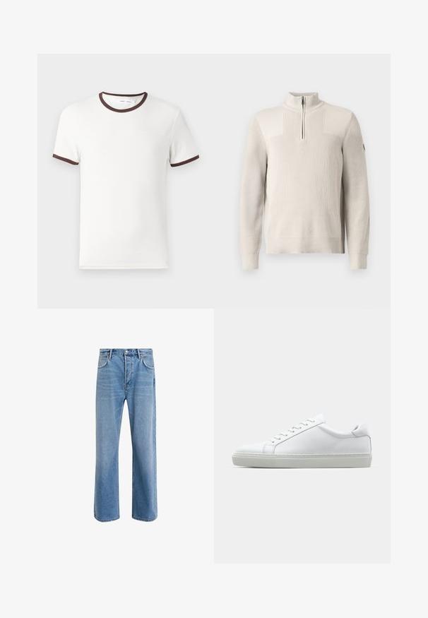 Svijetlosmeđi pleteni pulover s četvrtim patentnim zatvaračem, rebrastim ovratnikom, manžetama i donjim rubom, na kojem se nalazi mala oznaka na lijevom rukavu.; Bijela majica s kratkim rukavima s smeškom rebrastim izrezom i završetkom rukava, napravljena od mekog pamučnog materijala. Jednostavan i klasičan dizajn.; Svijetloplave traperice s ravnim nogavicama, pet džepova, zatvaranjem na gumb, minimalnim izbljeđivanjem i kontrastnim šavovima.; Bijela tenisica s glatkim kožnim gornjim dijelom i niskim profilom. Ima zaobljen vrh, šest rupica za vezanje i teksturiranu gumenu podlogu.
