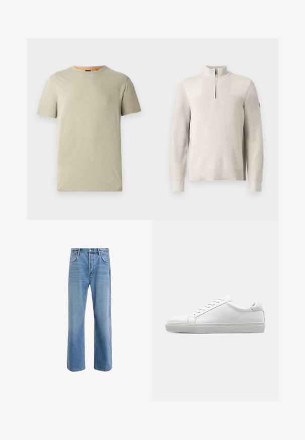 Šviesiai smėlinis megztinis su ketvirčio užtrauktuku, briaunotais apykakle, rankogaliais ir žemiau, kuris turi mažą siuvinėtą ženklelį kairėje rankovėje.; Šviesiai žalia trumpomis rankovėmis marškinėliai, pagaminti iš tekstūruotos medžiagos. Turi apvalią iškirptę ir mažą embosuotą "BOSS" logotipą krūtinėje.; Šviesiai mėlyni džinsai su tiesiu kirpimu, penkios kišenės, mygtuko užsegimas, minimalus blukimas ir kontrastingi siuvimo detalės.; Baltas sportinis batelis su lygiu odiniu paviršiumi ir žemu profiliu. Turi suapvalintą pirštą, šešis akių skyrius ir tekstūruotą gumos padą.