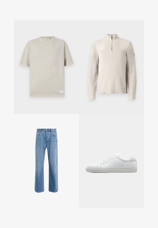 Suéter de punto beige claro con media cremallera, cuello de canalé, puños y dobladillo, que presenta un pequeño parche en la manga izquierda.; Camiseta de manga corta de color beige claro, hecha de una tela suave, con un escote redondo y una pequeña etiqueta en la parte inferior izquierda.; Jeans de mezclilla azul claro con un diseño de pierna recta, cinco bolsillos, cierre de botón, ligeramente desgastados y detalles de costura en contraste.; Zapatilla blanca con parte superior de cuero liso y perfil bajo. Presenta una puntera redondeada, seis ojales y una suela de goma texturizada.