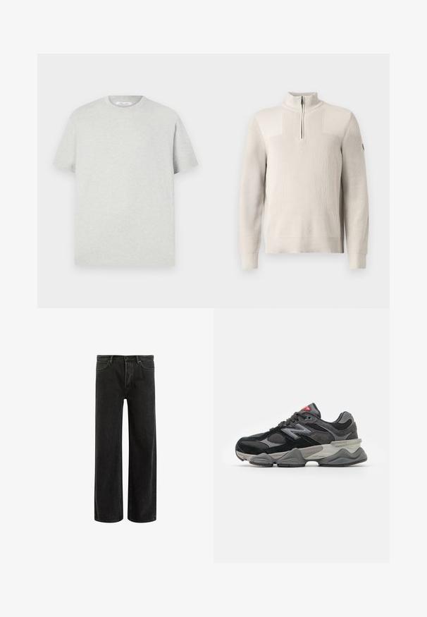 Pulôver tricotado bege claro com fecho de zíper de um quarto, gola canelada, punhos e bainha, apresentando um pequeno patch na manga esquerda.; T-shirt cinza claro de manga curta feito de material suave, com um decote redondo e um corte relaxado, sem padrões ou detalhes visíveis.; Calças largas em denim preto com cintura alta, apresentando um design clássico de cinco bolsos e um desbotamento subtil para uma aparência texturizada.; Sapatilha preta e cinza com uma mistura de materiais em camurça e malha, sola grossa, logótipo proeminente e detalhe vermelho na língua.