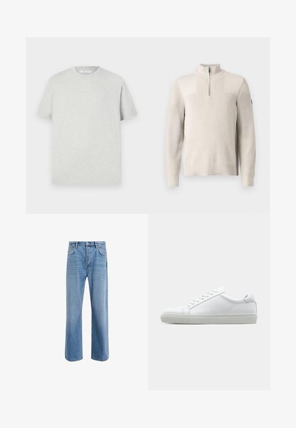 Lys beige strikket pullover med en kvart lynlås, ribbet krave, cuffs og kant, med et lille mærke på venstre ærme.; Lys grå kortærmet t-shirt lavet af blødt materiale, med en rund halsudskæring og en afslappet pasform uden synlige mønstre eller detaljer.; Lyseblå denim jeans med lige ben-design, fem lommer, knaplukning, minimal falming og kontraststingdetaljer.; Hvide sneakers med en glat læderoverdel og lav profil. Har en rund tå, seks snørehuller og en tekstureret gummisål.