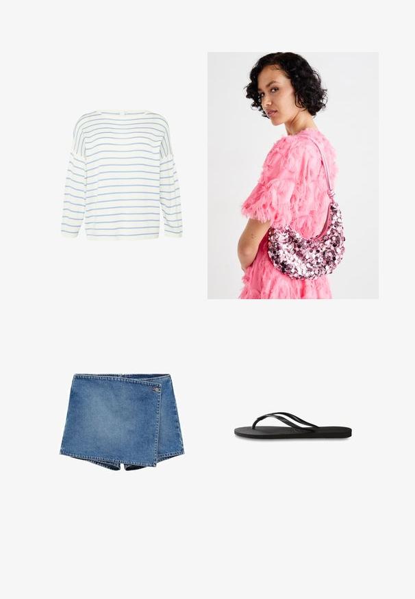 Biała bluzka z długim rękawem w niebieskie poziome paski. Charakteryzuje się szerokim dekoltem i luźnym krojem, wykonana z miękkiego materiału o gładkiej fakturze.; Dżinsowe szorty w średnim niebieskim kolorze z unikalnym nachodzącym na siebie wzorem. Posiadają zamek błyskawiczny oraz mały logo na pasku.; Czarne klapki z teksturowaną gumową podeszwą, dwiema smukłymi paskami oraz subtelnym, wytłoczonym logo na pasku.; Różowa torebka z cekinami o zaokrąglonym kształcie i różowym pasku. Torebka zdobiona jest błyszczącymi, refleksyjnymi cekinami w różnych odcieniach różu.