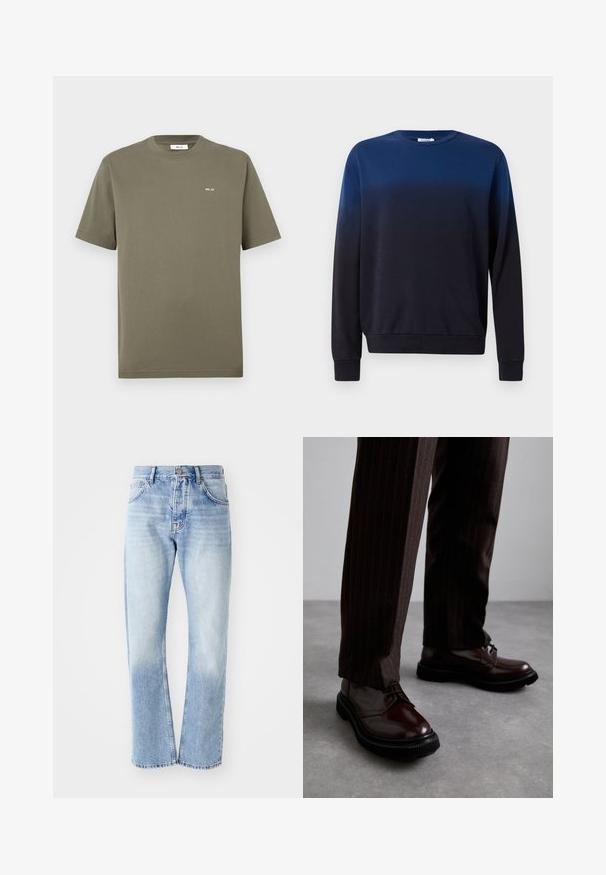 Blauer zu schwarzer Ombre-Pullover, Rundhalsausschnitt, lange Ärmel, weicher Stoff, gerippte Bündchen und Saum, minimalistisches Design ohne Muster oder Akzente.; Olivgrünes Baumwolle-T-Shirt, kurze Ärmel, Rundhalsausschnitt, mit kleinen weißen Text "NN. 07" auf der linken Brust, glatte Textur, normale Passform.; Helle blaue Jeans mit geradem Schnitt. Verfügt über ein Fünf-Taschen-Design, einen Knopfverschluss und eine ausgewaschene Textur zum unteren Bereich hin.; Braune Leder Schnürschuhe mit glänzender Oberfläche, schwarzer Gummisohle und dezenten Nähten. Getragen mit braunen Angabenhosen mit Nadelstreifen.