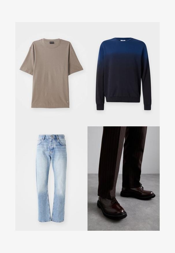 Blauw naar zwart ombre sweatshirt, ronde hals, lange mouwen, zachte stof, ribgebreide manchetten en boord, minimalistisch ontwerp zonder patronen of accenten.; Bruine T-shirt met korte mouwen en een ronde hals, voorzien van een subtiele textuurpatroon en een klein logo-label aan de onderzijde links.; Lichtblauwe denim jeans met een rechte pijp. Voorzien van een vijf-pocket ontwerp, knoopsluiting en een vervaagde textuur naar de onderkant.; Bruine leren veterschoenen met een glanzende afwerking, zwarte rubberen zool en subtiele stiksels. Draag ze met bruin gestreepte broek.