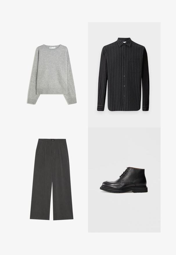Gray knit sweater with a crew neckline, ribbed cuffs and hem, featuring a relaxed fit and soft texture.; Samsøe Samsøe LIAM SHIRT - Shirt - castor gray; Wide-leg trousers in dark grey fabric, featuring a pleated front, two side pockets, and a flat waistband. Smooth texture and tailored design.; Black leather ankle boot with lace-up closure, rounded toe, and thick rubber sole against a plain white background.