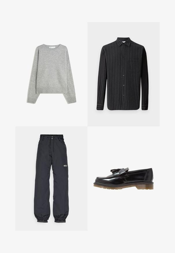 Gray knit sweater with a crew neckline, ribbed cuffs and hem, featuring a relaxed fit and soft texture.; Samsøe Samsøe LIAM SHIRT - Shirt - castor gray; Black waterproof pants with an adjustable waistband, elastic cuffs, and a small logo patch on the thigh; lightweight fabric.; Black patent leather loafers with a braided design, tassel accent, and a chunky, textured rubber sole. Side view showcases sleek silhouette.