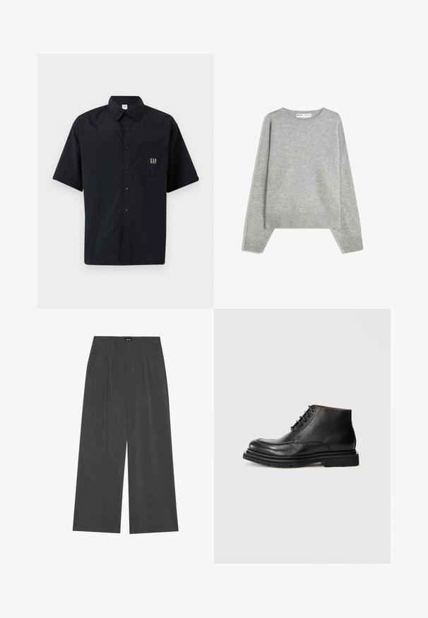 Szary sweter z dzianiny o klasycznym okrągłym dekolcie, ściągaczami przy mankietach i u dołu, oferujący luźny krój i miękką teksturę.; Czarna koszula zapinana na guziki z krótkim rękawem, wykonana z lekkiego materiału, z kieszenią na piersi i złotym detalem z logo "GAP".; Spodnie o szerokich nogawkach w ciemnoszarym kolorze, z plisowanym przodem, dwiema bocznymi kieszeniami i płaskim pasem. Gładka tekstura i dopasowany krój.; Czarny skórzany botek za kostkę z sznurówką, o zaokrąglonym nosku i grubej gumowej podeszwie na jednolitym białym tle.