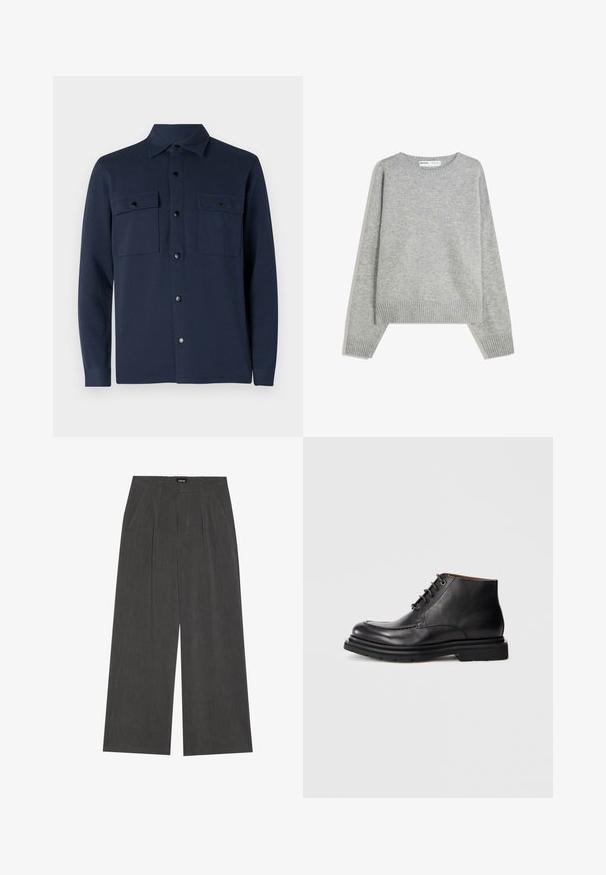Šedý pletený svetr s kulatým výstřihem, ribbovanými manžetami a lemem, s volnějším střihem a měkkou texturou.; Námořnická košile s knoflíky vyrobená z měkké tkaniny, se dvěma náprsními kapsami, špičatým límcem a rovním lemem. Žádné vzory ani akcenty nejsou viditelné.; Kalhoty s širokými nohavicemi z tmavě šedé tkaniny, s nařaseným předním dílem, dvěma postranními kapsami a plochým pasem. Hladká textura a precizní střih.; Černá kožená kotníková bota s šněrováním, kulatou špičkou a silnou gumovou podrážkou na jednobarevném bílém pozadí.