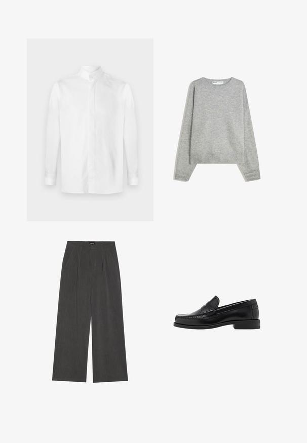 Szary sweter z dzianiny o klasycznym okrągłym dekolcie, ściągaczami przy mankietach i u dołu, oferujący luźny krój i miękką teksturę.; Biała koszula z długim rękawem wykonana z gładkiej bawełny, z kołnierzykiem stójkowym, z przodu zapinana na guziki i z mankietami na guziki. Gładka tekstura, brak wzorów.; Spodnie o szerokich nogawkach w ciemnoszarym kolorze, z plisowanym przodem, dwiema bocznymi kieszeniami i płaskim pasem. Gładka tekstura i dopasowany krój.; Czarne skórzane mokasyny o gładkim wykończeniu, ze stębnowaniem na nosie i niskim obcasem, zapewniającymi komfort i styl.