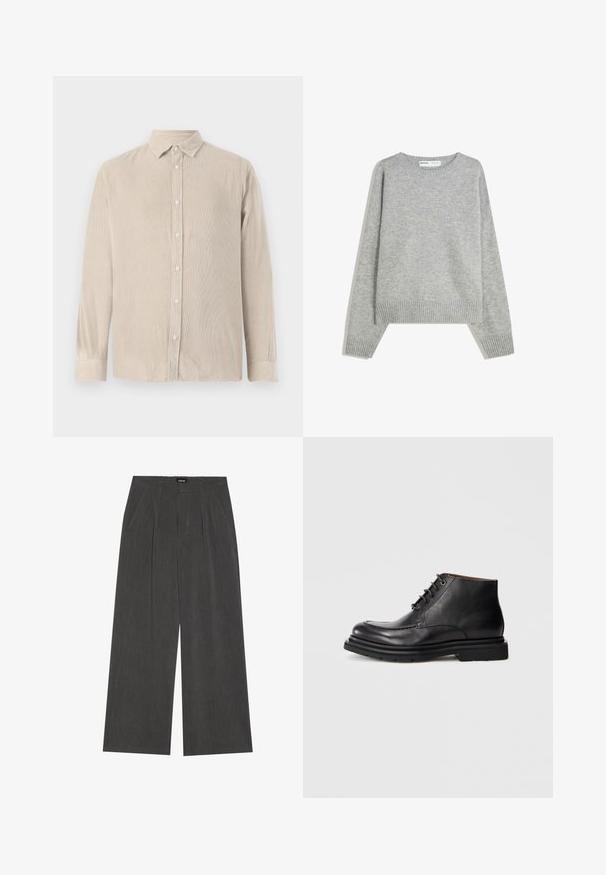 Šedý pletený svetr s kulatým výstřihem, ribbovanými manžetami a lemem, s volnějším střihem a měkkou texturou.; Světle béžová kordové košile s knoflíkovým zapínáním vpředu, dlouhými rukávy a límcem. Vertikální žebrovaná textura po celém povrchu. Slim fit design.; Kalhoty s širokými nohavicemi z tmavě šedé tkaniny, s nařaseným předním dílem, dvěma postranními kapsami a plochým pasem. Hladká textura a precizní střih.; Černá kožená kotníková bota s šněrováním, kulatou špičkou a silnou gumovou podrážkou na jednobarevném bílém pozadí.