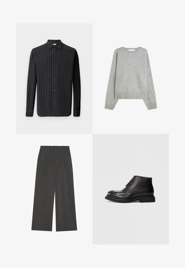 Harmaa neulepusero, jossa on pyöreä kaula-aukko, ribbaus hihansuissa ja helmassa. Puserossa on rento istuvuus ja pehmeä rakenne.; Samsøe Samsøe LIAM SHIRT - Vapaa-ajan kauluspaita - castor gray; Rento-hameet tummanharmaasta kankaasta, jossa on pleidatut etuosat, kaksi sivutaskua ja litteä vyötärö. Sujuva rakenne ja räätälöity muotoilu.; Mustat nahkasaappaat nilkkapituisilla nauhoilla, pyöreä kärki ja paksu kumipohja tasaisella valkoisella taustalla.