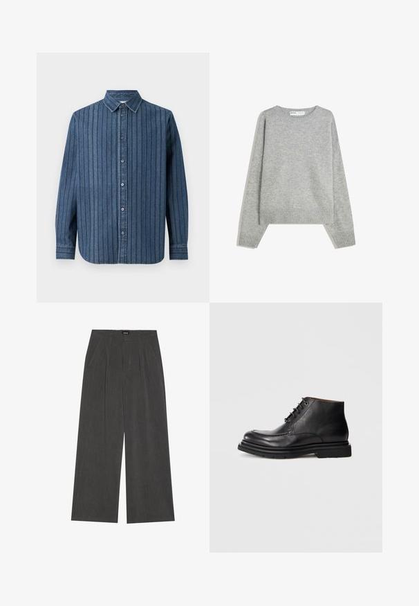 Maglione grigio a maglia con scollatura rotonda, polsini e orlo a costine, caratterizzato da una vestibilità rilassata e una texture morbida.; Samsøe Samsøe SADAMON SHIRT - Camicia - denim; Pantaloni a gamba larga in tessuto grigio scuro, con fronte plissettato, due tasche laterali e vita piatta. Texture liscia e design sartoriale.; Stivale alla caviglia in pelle nera con chiusura con lacci, punta rotonda e suola spessa in gomma su uno sfondo bianco puro.