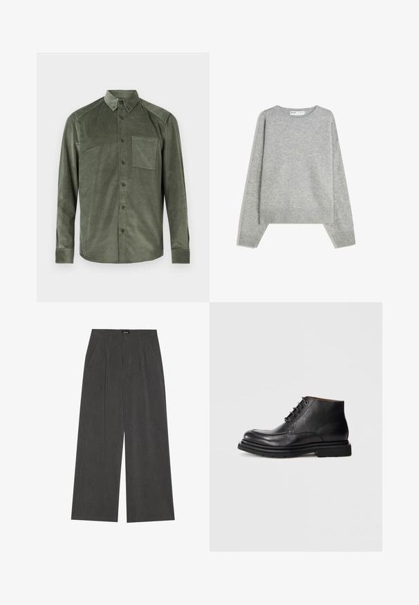 Harmaa neulepusero, jossa on pyöreä kaula-aukko, ribbaus hihansuissa ja helmassa. Puserossa on rento istuvuus ja pehmeä rakenne.; Miestna olivovozelená kordová košeľa s dlhým rukávom, gombíkovým zapínaním a náprsného vrecka s golierom na gombíky, vystavená na bielom pozadí.; Rento-hameet tummanharmaasta kankaasta, jossa on pleidatut etuosat, kaksi sivutaskua ja litteä vyötärö. Sujuva rakenne ja räätälöity muotoilu.; Mustat nahkasaappaat nilkkapituisilla nauhoilla, pyöreä kärki ja paksu kumipohja tasaisella valkoisella taustalla.