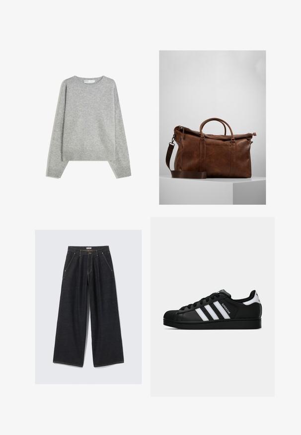 Pull en tricot gris avec un col rond, des poignets et un ourlet côtelés, offrant une coupe décontractée et une texture douce.; Jean large bleu foncé avec plis avant, poches inclinées, passants de ceinture et fermeture à bouton à la taille étiquetée "WEEKDAY."; Baskets Adidas Superstar noires avec rayures blanches, bout en coque, et texte "Superstar" sur le côté, montrées en profil sur fond blanc.; Sac de voyage en cuir marron avec fermeture éclair, doubles poignées, bandoulière réglable et motifs de texture visibles sur la surface.