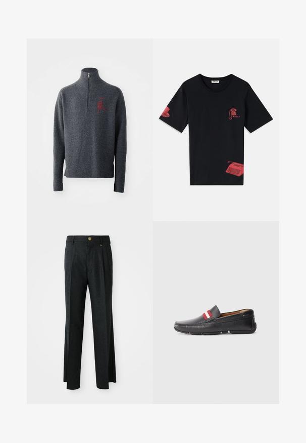 Gray wool sweater with a high collar and a half zip. Features red embroidered detail on the chest and ribbed cuffs and hem.; Black cotton t-shirt featuring red graphic designs of a telephone and a typewriter on the left sleeve and lower right side.; Dark gray trousers with a flat front and pleats, featuring a golden button and zipper closure, made from a textured wool blend fabric.; Black leather slip-on shoe with textured surface, red and white striped accent on the upper, rounded toe, and rubber sole.