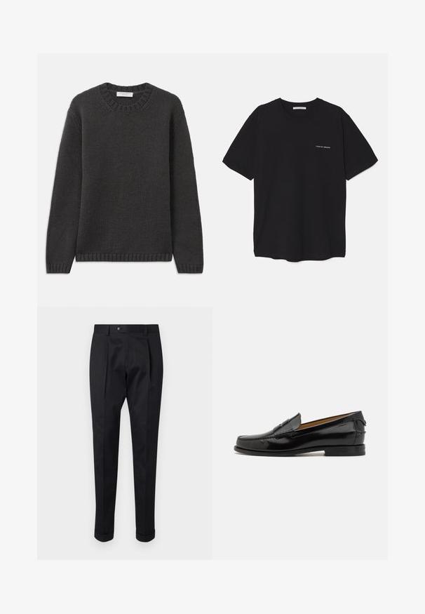 Dunkelgrauer Strickpullover mit Rundhalsausschnitt, gerippten Bündchen und Saum. Der Stoff hat ein strukturiertes Erscheinungsbild und eine reguläre Passform.; Schwarzes Baumwoll-T-Shirt mit Rundhalsausschnitt, kurzen Ärmeln und weißem Logodruck auf der linken Brust. Einfaches, einfarbiges Design.; Schwarze Hosen aus einem glatten Stoff, mit einem Faltenwurf vorne, einem Knopfverschluss und umgeschlagenen Säumen am Knöchel.; Bally CHARLEX - Business-Slipper - black