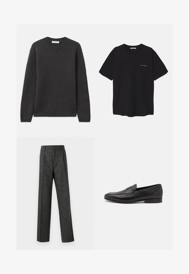 Mørkegrå striktrøje med rund halsudskæring, ribbede manchetter og kant. Stoffet har en tekstureret overflade med en regular fit.; Sort bomulds T-shirt med rund hals, korte ærmer og en hvid logo print på venstre bryst. Simpelt, ensfarvet design.; Grå skræddersyede bukser lavet af tekstureret stof, med to frontplicer og lige ben-design. Ingen synlige lommer eller udsmykninger.; Sort læder herre loafers med lav hæl og et klassisk penny strap design, vist i sideprofil på en hvid baggrund.