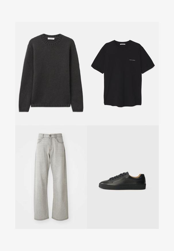 Sötétszürke kötött pulóver, kerek nyakkivágással, bordás mandzsettával és aljjal. Az anyag texturált megjelenésű, szabása normál.; Fekete pamut T-shirt kerek nyakkivágással, rövid ujjakkal, és fehér logónyomattal a bal mellrészen. Egyszerű, egyszínű dizájn.; Világosszürke, bő szárú farmernadrág, denim anyagból készült. Klasszikus öt zsebes kialakítás, gombos záródás, és finom fakulás a szöveten.; Fekete, alacsony szárú bőr sneaker, texturált felszínnel, fekete fűzőkkel és vastag gumi talppal, oldalnézetből, világos háttér előtt.