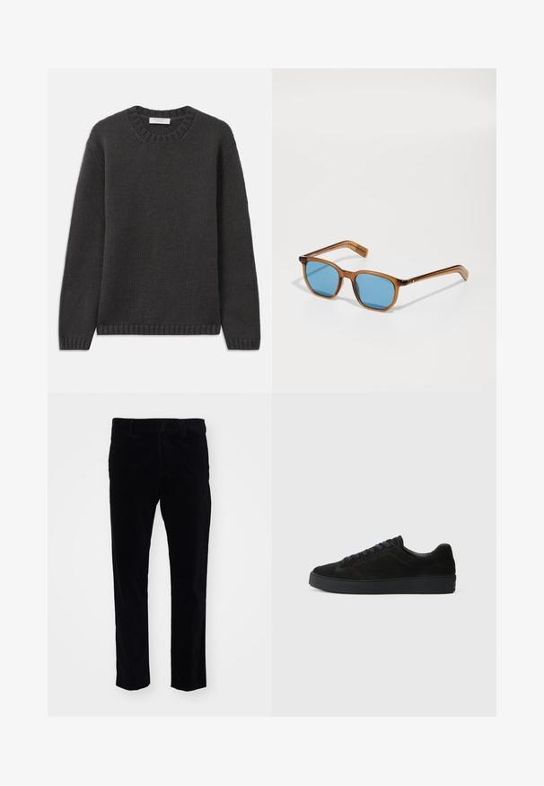 Maglione lavorato a maglia grigio scuro con scollatura a girocollo, polsini e orlo a costine. Il tessuto presenta un aspetto texturizzato con una vestibilità regolare.; Pantaloni in corduroy neri con un design a gamba dritta, caratterizzati da sottili righe verticali e una vita standard. Nessun abbellimento visibile.; Sneaker in suede nera con suola piatta e testurizzata, punta arrotondata, sei occhielli per lacci e design minimalista.; Occhiali da sole con montatura in plastica marrone e lenti blu, forma quadrata, stecche sottili, dettagli testurizzati sulle tempie e un finish lucido.