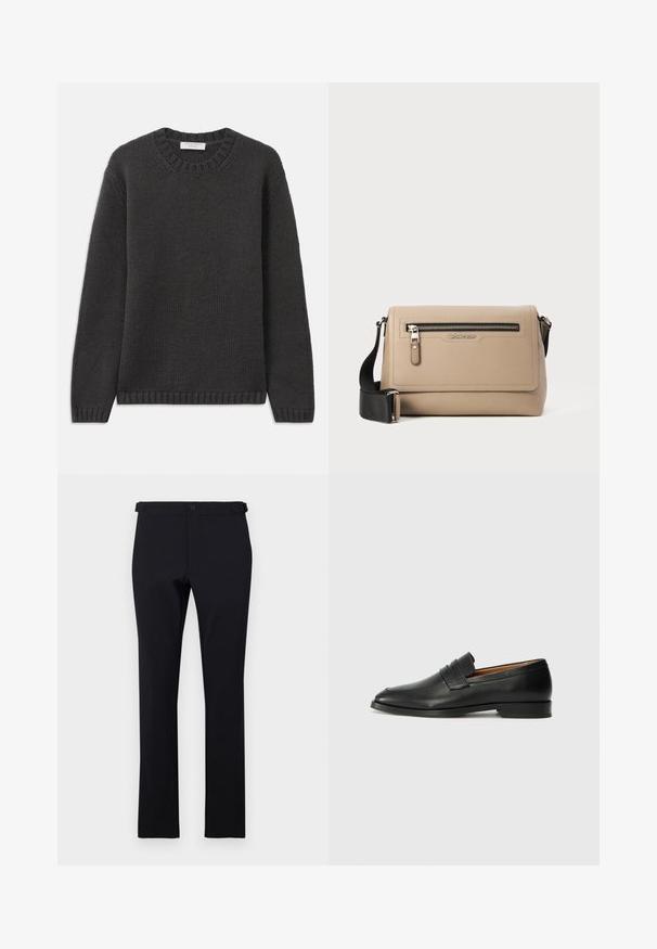 Temno siva pletena jopica z okroglim izrezom, rebrastimi manšetami in robom. Tkanina ima teksturiran videz in običajen kroj.; Črne ravne hlače iz gladkega materiala. Imajo zanko za pas, gumbasto zapiranje in brez vidnih vzorcev ali akcentov.; Črne usnjene loferice z zaobljenim prstom, subtilnim šivanjem in nizkim petam, ki se odlikujejo po gladki teksturi in minimalističnem oblikovanju.; Bežna usnjena torba čez ramo z teksturirano površino, ki vključuje sprednji žep na zadrgo in nastavljiv črn trak. Logotip je prikazan spredaj.