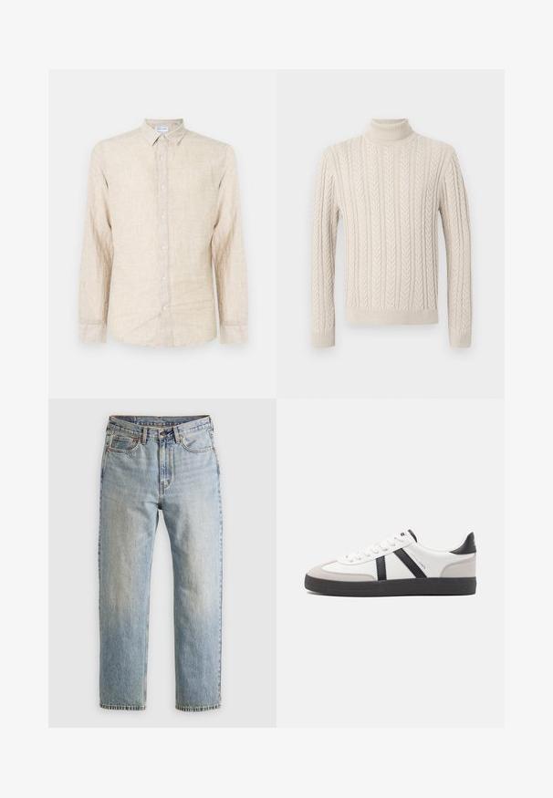 Suéter beige de punto con alto cuello de tortuga acanalado. Presenta un patrón de cable texturizado y puños y dobladillo acanalados, ofreciendo una apariencia acogedora.; Camisa de manga larga beige hecha de tela texturizada, con un cuello clásico, cierre de botones y un corte relajado.; Jeans de mezclilla azul claro de cintura alta, con botón frontal, cremallera y diseño de cinco bolsillos, dispuestos sobre un fondo neutro.; Zapatilla blanca con acentos en negro y gris, que presenta una puntera texturizada en gris, suela de goma negra y cordones planos blancos. Diseño limpio, estilo minimalista.