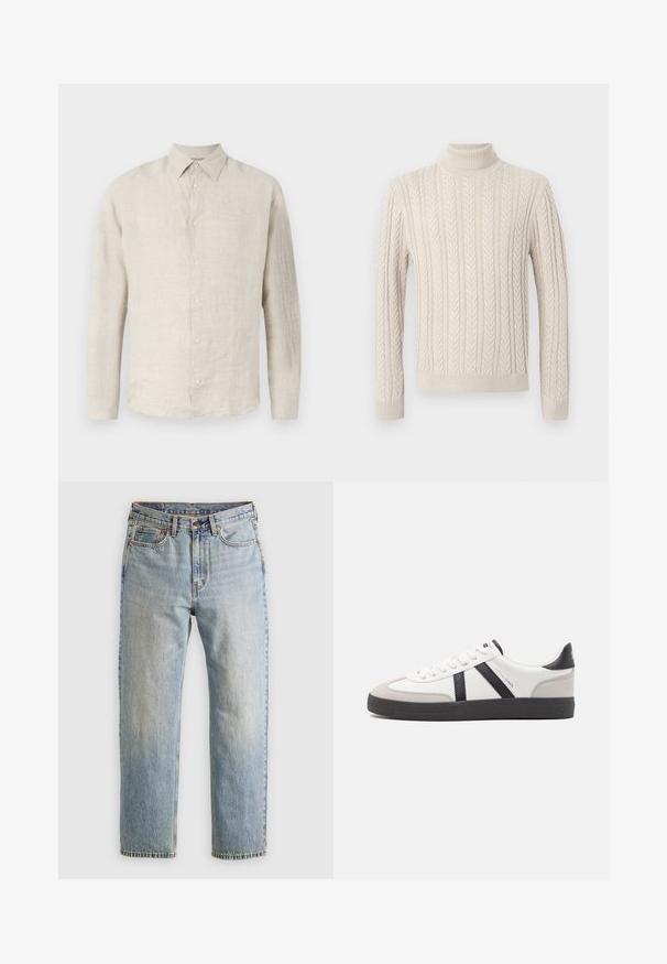 Beige, knitted sweater with a high, ribbed turtleneck. Features a textured cable pattern and ribbed cuffs and hem, offering a cozy appearance.; Light beige linen button-up shirt with a pointed collar, long sleeves, and subtle texture; features six matching buttons down the front.; Light blue denim jeans with high waist, front button, zipper, and five-pocket design, laid flat on a neutral background.; White sneaker with black and gray accents, featuring a textured gray toe cap, black rubber sole, and flat white laces. Clean design, minimalist style.