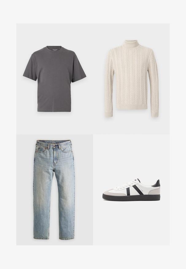 Bežani, pleteni pulover s visokim rebrastim okovratnikom. Ima reljefni kabelski uzorak te rebraste manžete i rub, što pruža ugodan izgled.; Siva kratka majica s kratkim rukavima izrađena od meke pamuk mješavine, koja se ističe okruglim izrezom i jednostavnim dizajnom bez uzoraka ili naglasaka.; Svijetloplave traperice visoki struk, prednji gumb, zatvarač i dizajn s pet džepova, položene ravno na neutralnoj pozadini.; Bijele tenisice s crnim i sivim detaljima, s teksturiranim sivim zaštitnikom prstiju, crnim gumene potplate i ravnim bijelim vezicama. Čist dizajn, minimalistički stil.
