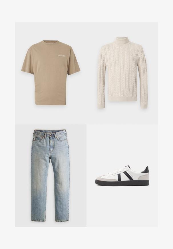 Beige, strikket sweater med en høj, ribbet turtleneck. Har et struktureret kabelmønster samt ribbede ærmer og kant, hvilket giver et hyggeligt udseende.; Beige bomulds-t-shirt med korte ærmer og rund hals. Har "Club1990" trykt i hvidt på venstre bryst. Glat tekstur, almindelig pasform.; Lysblå denim jeans med høj talje, frontknap, lynlås og fem-lomme design, lagt fladt på en neutral baggrund.; Hvide sneakers med sorte og grå detaljer, med en tekstureret grå tåhætte, sort gummisål og flade hvide snørebånd. Rent design, minimalistisk stil.