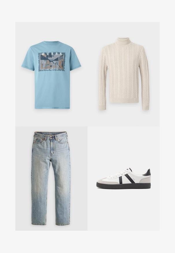 Beige, neulepaita, jossa on korkea, ribattu poolokaulus. Sen pinnassa on teksturoitu nuppineulesuunnittelu ja ribatut hihansuut sekä helma, mikä luo kotoisan ilmeen.; Vaaleansininen puuvillapaita, jossa on suorakulmainen graafinen muotoilu geometrisilla kuvioilla ja teksti "GUESS LOS ANGELES". Lyhyet hihat ja pyöreä kaula-aukko.; Vaaleansininen farkut, joissa on korkea vyötärö, etunappi, vetoketju ja viisi taskua, asetettu tasaisesti neutraalille taustalle.; Valkoiset lenkkarit mustilla ja harmailla yksityiskohdilla, joissa on teksturoitu harmaa kärki, musta kumipohja ja litteät valkoiset nauhat. Siisti muotoilu, minimalistinen tyyli.