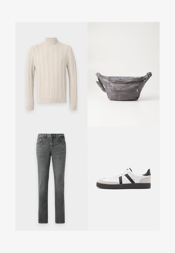 Béžový pletený sveter s vysokým, ribbovaným rolákom. Má textúrovaný káblový vzor a ribbované manžety a dolný lem, čo mu dodáva útulný vzhľad.; Šedé riflové nohavice so striedmym strihom rovného strihu, dizajnom s piatimi vreckami, jemnou vyblednutou textúrou a pútkami na opasok. Žiadne viditeľné logo ani ozdoby.; Biele tenisky s čiernymi a šedými akcentmi, s textúrovanou šedou špičkou, čiernou gumovou podrážkou a plochými bielymi šnúrkami. Čistý dizajn, minimalistický štýl.; Sivá semišová ľadvinka s okrúhlym tvarom, dvoma zipsovými priehradkami a nastaviteľným popruhom. Obsahuje kovové prvky.