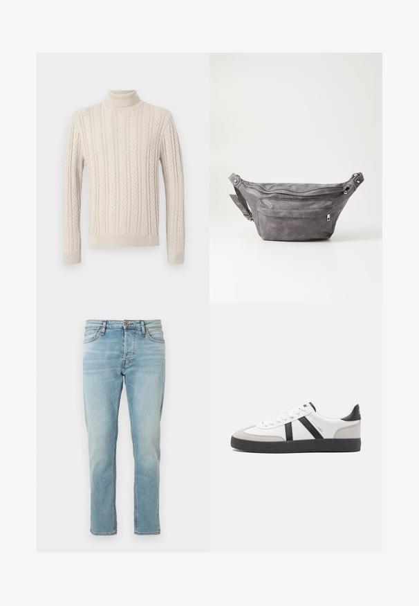 Bež, pleteni pulover z visokim, rebrastim ovratnikom. Ima teksturiran kabelski vzorec ter rebraste manšete in spodnji rob, kar daje prijeten videz.; Svijetloplave traperice ravnog kroja, s pet džepova i blagim izbljeđivanjem. Dugme za zatvaranje u struku, čisti završetak na rubovima.; Bela športna obutev z črnimi in sivo akcenti, z teksturirano sivo kapico za prste, črnim gumijastim podplatom in ravnimi belimi vezalkami. Čista zasnova, minimalistični slog.; Sivkasta zamšasta torbica s okroglo obliko, dvema žepoma na zadrgo in nastavljivim trakom. Ima kovinske dodatke.