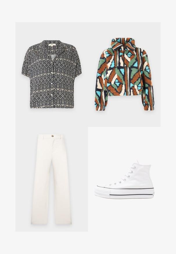 Bolyhos cipzáras dzseki geometriai mintával, barna, zöld, kék és krémszín árnyalataiban. Galléros kialakítás, rugalmas mandzsettákkal.; Rövid ujjú, gombos ing sötétkék színben, geometrikus krémszínű mintával. Könnyű anyag, laza szabású és galléros.; Széles szárú, bézs színű nadrág texturált anyagból. Elöl gombos záródással és övtartókkal rendelkezik. Egyszerű, letisztult design, minták nélkül.; Fehér magaskorsó vászon sportcipő fekete gumi talppal, elülső gumi orrnyereggel és hat fűzőlyukkal, letisztult, minimalista dizájnnal.