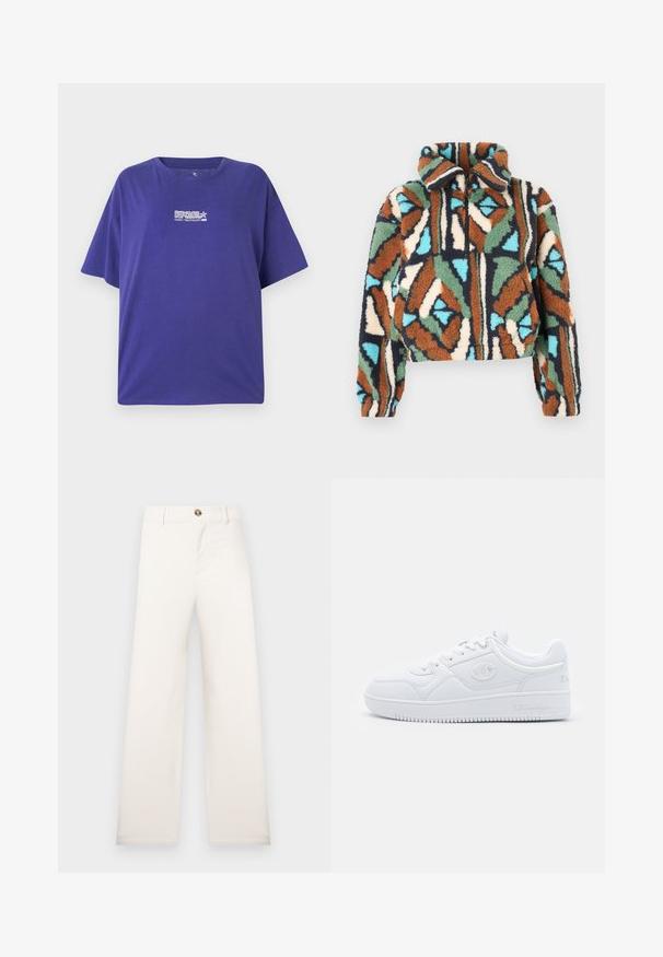 Jachetă cu fermoar și textură pufoasă, având un model geometric în nuanțe de maro, verde, albastru și crem. Design cu guler și manșete elastice.; Tricou oversized de culoare purpurie, realizat din bumbac. Dispune de mâneci scurte și guler rotund. Partea frontală are un logo alb cu "RIP CURL" și "OCEAN TECHNOLOGY 1989."; Pantaloni beige cu croială largă, realizați din material texturat. Prezintă un sistem de închidere frontală cu nasturi și bucle pentru curea. Design simplu și curat, fără modele.; Adidași alb cu design din material sintetic neted, având vârf rotund, talpă plată și accente subtile cu logo pe laterale. Design clasic de tip low-top.