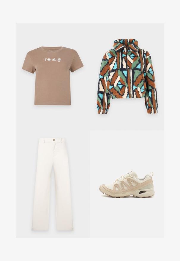 Purpurinis užsegamas švarkelis su geometriniu raštu rudos, žalios, mėlynos ir kreminės spalvų atspalviais. Apykaklės dizainas su elastingomis rankogalių juostelėmis.; Rudas medvilninis marškinėliai su apvalia iškirpte. Puošia balti grafikos elementai: kaktusas, saulė, banga, ranka ir širdis. Trumpomis rankovėmis.; Platus modelis, smėlio spalvos kelnės iš tekstūruotos medžiagos. Turi priekinį užsegimą su saga ir diržo kilpomis. Paprastas, švarus dizainas be raštų.; Bežinės ir kreminės spalvos sportinės bateliai su tekstūruoto tinklelio viršutine dalimi, palaikančiomis detalėmis ir guminiais padais, turinčiais raštą, užtikrinantį sukibimą.