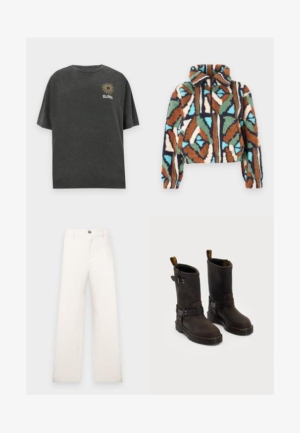 Giacca con zip in tessuto peloso con motivo geometrico in tonalità di marrone, verde, blu e crema. Design con colletto e polsini elasticizzati.; Maglietta in cotone grigio scuro, vestibilità oversize, maniche corte, scollo rotondo, con grafica di un sole e testo "BILLABONG" ricamati in oro.; Pantaloni beige a gamba larga realizzati in tessuto strutturato. Presentano una chiusura frontale con bottoni e passanti per cintura. Design semplice e pulito senza motivi.; Stivali in pelle marrone scuro con design a metà polpaccio, cuciture gialle, cinturini con fibbia regolabile e maniglie nella parte superiore. Finitura texture.
