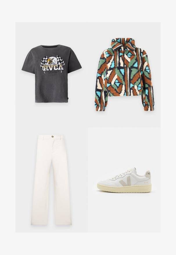 Bolyhos cipzáras dzseki geometriai mintával, barna, zöld, kék és krémszín árnyalataiban. Galléros kialakítás, rugalmas mandzsettákkal.; Szürke pamut póló rövidekkel, amelyen egy sas grafika és sakktáblaszerű zászlók találhatók. A dizájn tartalmazza a "RVCA" feliratot és egy szlogent alatta.; Széles szárú, bézs színű nadrág texturált anyagból. Elöl gombos záródással és övtartókkal rendelkezik. Egyszerű, letisztult design, minták nélkül.; Fehér bőr sneaker bézs velúr részletekkel, perforált orr résszel, lapos fűzőkkel és textúrált krémszínű talppal. Finom márkajelzés található a sarkán.