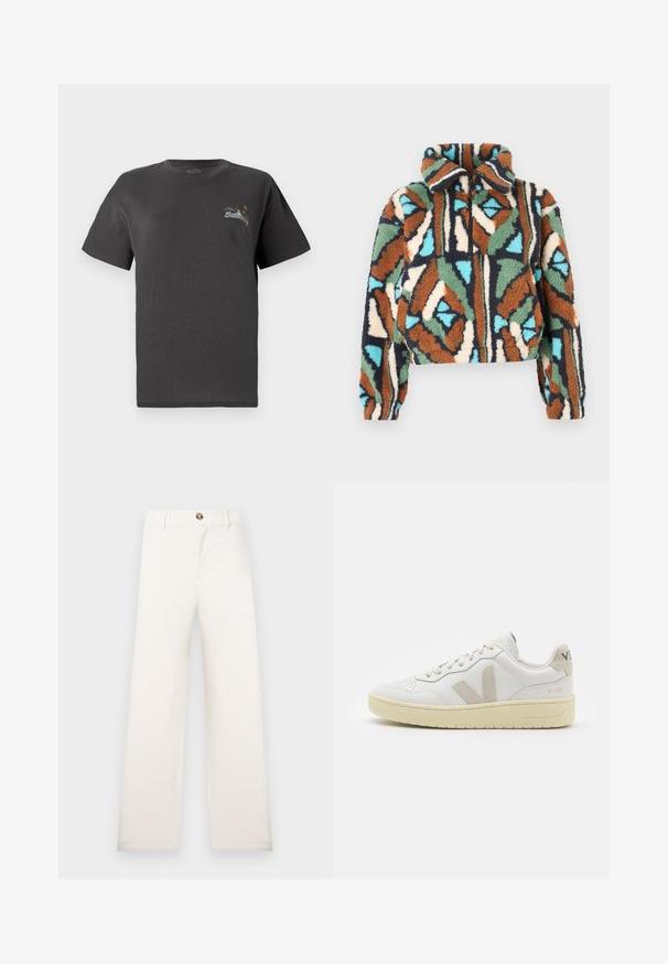 Džemper na patentni zatvarač od pufastog materijala s geometrijskim uzorkom u nijansama smeđe, zelene, plave i krem boje. Dizajn s ovratnikom i elastičnim manšetama.; Siva pamučna majica kratkih rukava. Na prsima ima mali višebojni izvezeni dizajn s natpisom "Billing". Klasičan kroj.; Pantalone širokih nogavica u bež boji od teksturirane tkanine. Imaju prednju kopču na gumbe i proreze za remen. Jednostavan, čist dizajn bez uzoraka.; Bijele kožne tenisice s bež nubuk naglascima, perforiranim prednjim dijelom, ravnim čipkama i teksturiranom kremastom potplatom. Sadrži suptilni brend na pete.