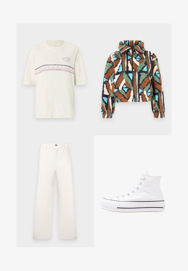 Bolyhos cipzáras dzseki geometriai mintával, barna, zöld, kék és krémszín árnyalataiban. Galléros kialakítás, rugalmas mandzsettákkal.; Fehér pamut póló rövid ujjakkal, vízszintes, színes hullám mintával és háromszög díszítésekkel a mellkason.; Széles szárú, bézs színű nadrág texturált anyagból. Elöl gombos záródással és övtartókkal rendelkezik. Egyszerű, letisztult design, minták nélkül.; Fehér magaskorsó vászon sportcipő fekete gumi talppal, elülső gumi orrnyereggel és hat fűzőlyukkal, letisztult, minimalista dizájnnal.