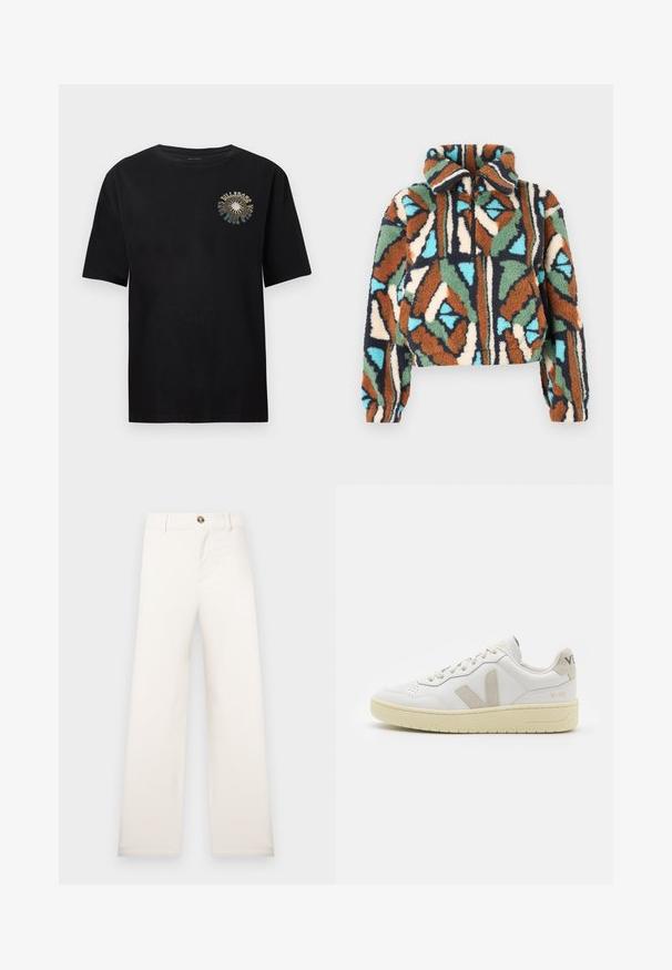 Tøjsjakke med lynlås i blødt, lodent materiale med geometrisk mønster i nuancer af brun, grøn, blå og creme. Jakken har krave og elastiske ærmekanter.; Sort kortærmet T-shirt lavet af blødt bomuld. Har et farverigt grafisk print på brystet med teksten "BULLDOGS". Klassisk rund halsudskæring.; Beige bukser med vide ben lavet af tekstureret stof. Har frontknaplukning og bæltestropper. Enkel, ren design uden mønstre.; Hvide lærreds sneakers med beige ruskindsdetaljer, perforeret tåboks, flade snørebånd og en struktureret cremefarvet sål. Har diskret branding på hælen.